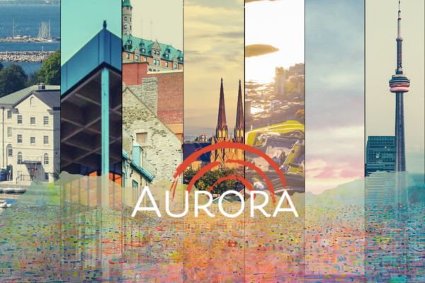 The text "aurora" over 7 sliced photos of city skylines with a multicoloured watercolour painting overlay and an orange painted sunrise