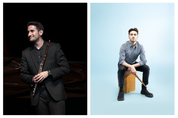 split screen headshot of ARin Sakrissian (left) Black Background with a dark haired man wearing black standing and smiling at the camera holding a flute on the left is Andrew Busch seated on a box holding drumsticks staring at the camera with a neutral expression there is a pale blue backdrop Andrew is wearing dark slacks and a light blue collared shirt