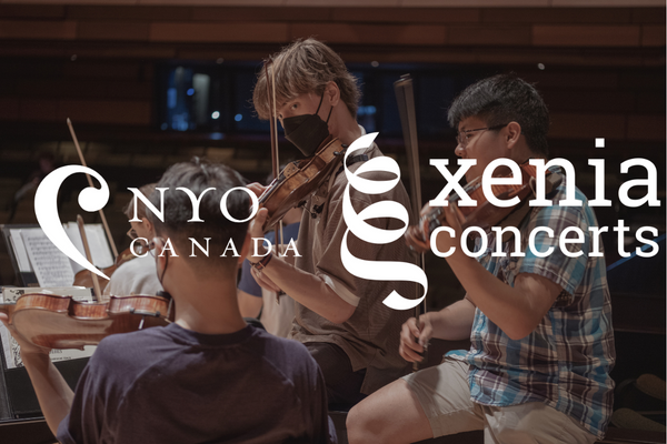 Photo of three male musicians playing sting instruments with the text and logo's for "NYO Canada" and "Xenia Concerts" super imposed over the image.